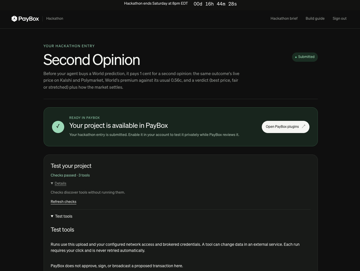 PayBox developer portal: Second Opinion submitted, checks passed, 3 tools